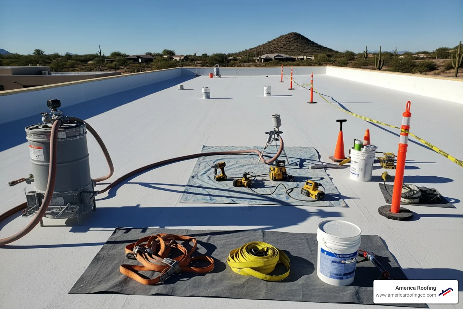 A clean, prepped roof ready for foam application, showing tools and safety equipment - foam roofs in arizona