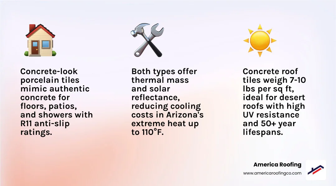 Comparison infographic: concrete-look porcelain tile vs concrete roofing tile — uses, cost, lifespan, and weight in Arizona