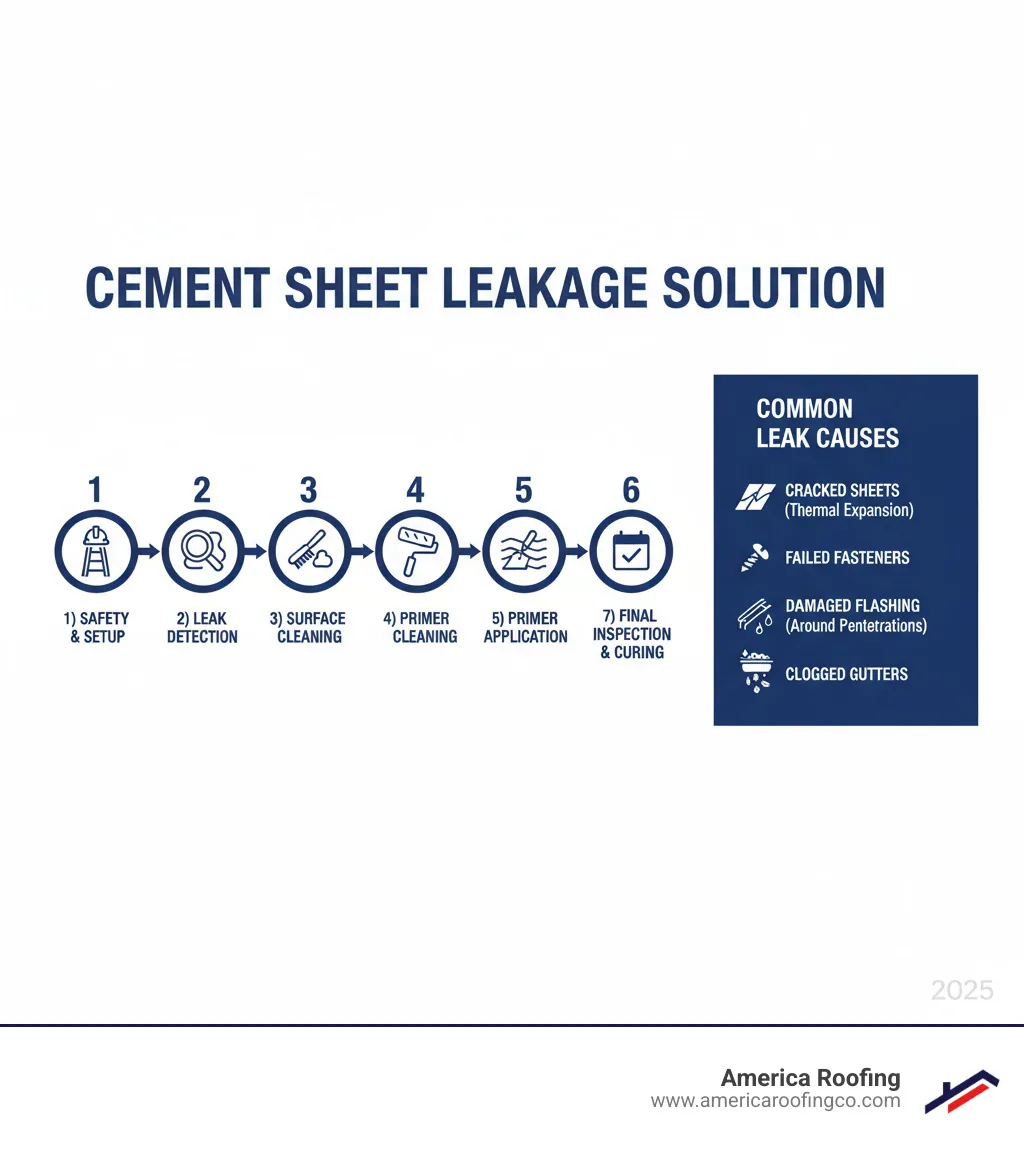 Infographic showing the step-by-step cement sheet leakage solution process: 1) Safety gear and ladder setup, 2) Interior and exterior leak detection with water stain identification, 3) Surface cleaning with wire brush and debris removal, 4) Primer application, 5) Filling cracks with mortar or sealant, 6) Applying elastomeric coating in multiple layers, 7) Final inspection and curing time. Side panel highlights common leak causes: cracked sheets from thermal expansion, failed fasteners, damaged flashing around penetrations, and clogged gutters causing water backup. - cement sheet leakage solution infographic