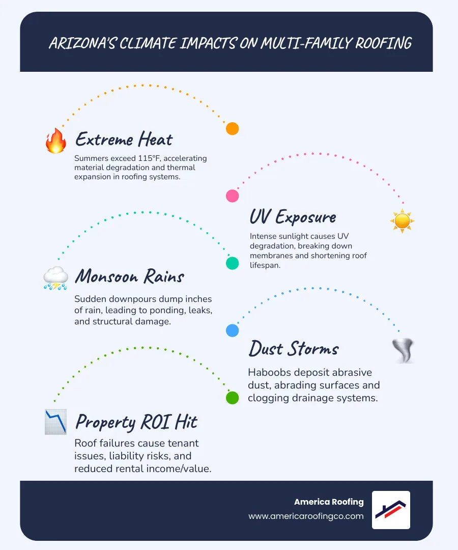 Infographic: How Arizona's climate impacts multi-family roofing — heat, UV, monsoons, thermal expansion, and property ROI