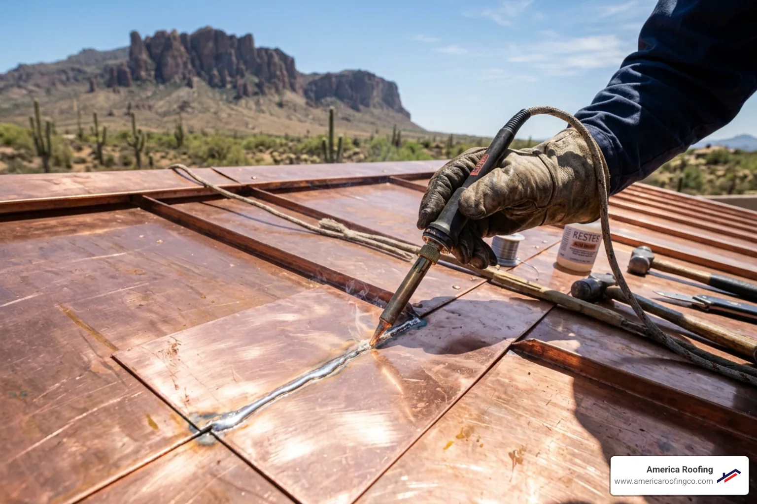 soldering a copper patch on a roof - copper roof repair