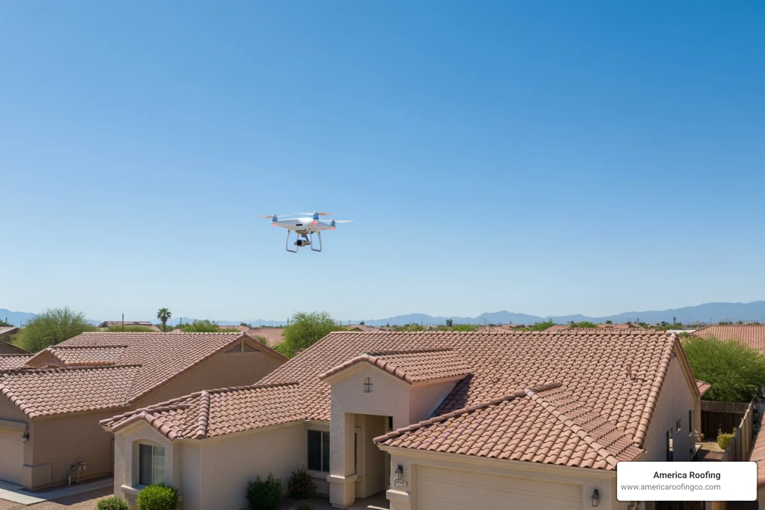 Drone performing a high-tech roof survey over a residential home in Arizona - roof surveyor near me