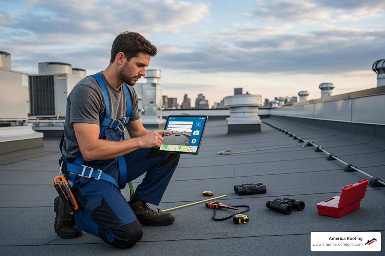 A professional roofer inspecting a commercial roof with a tablet, documenting findings with notes and photos. - Commercial roof repair solutions