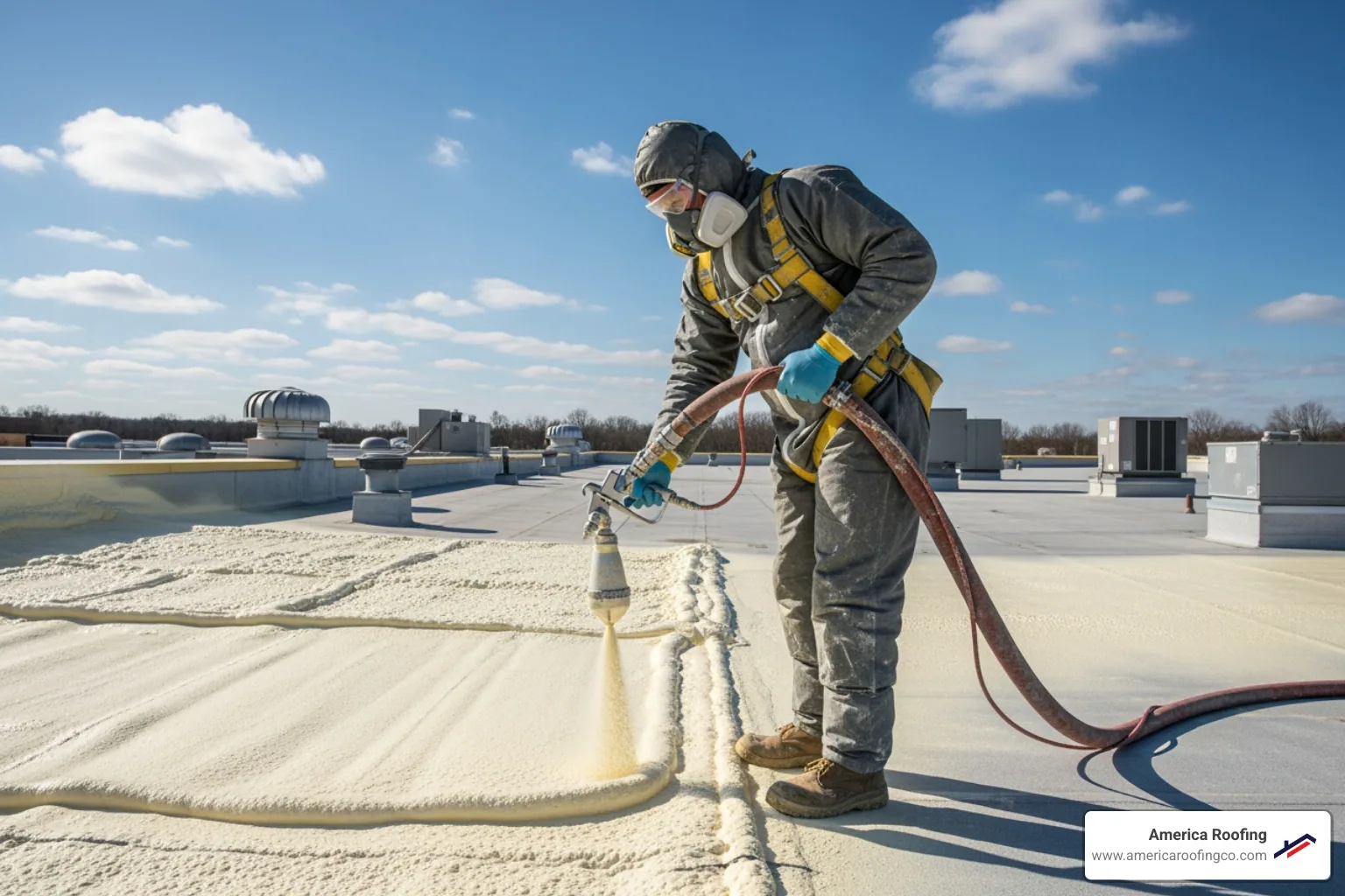Spray foam roofing application in progress - Commercial roof damage repair