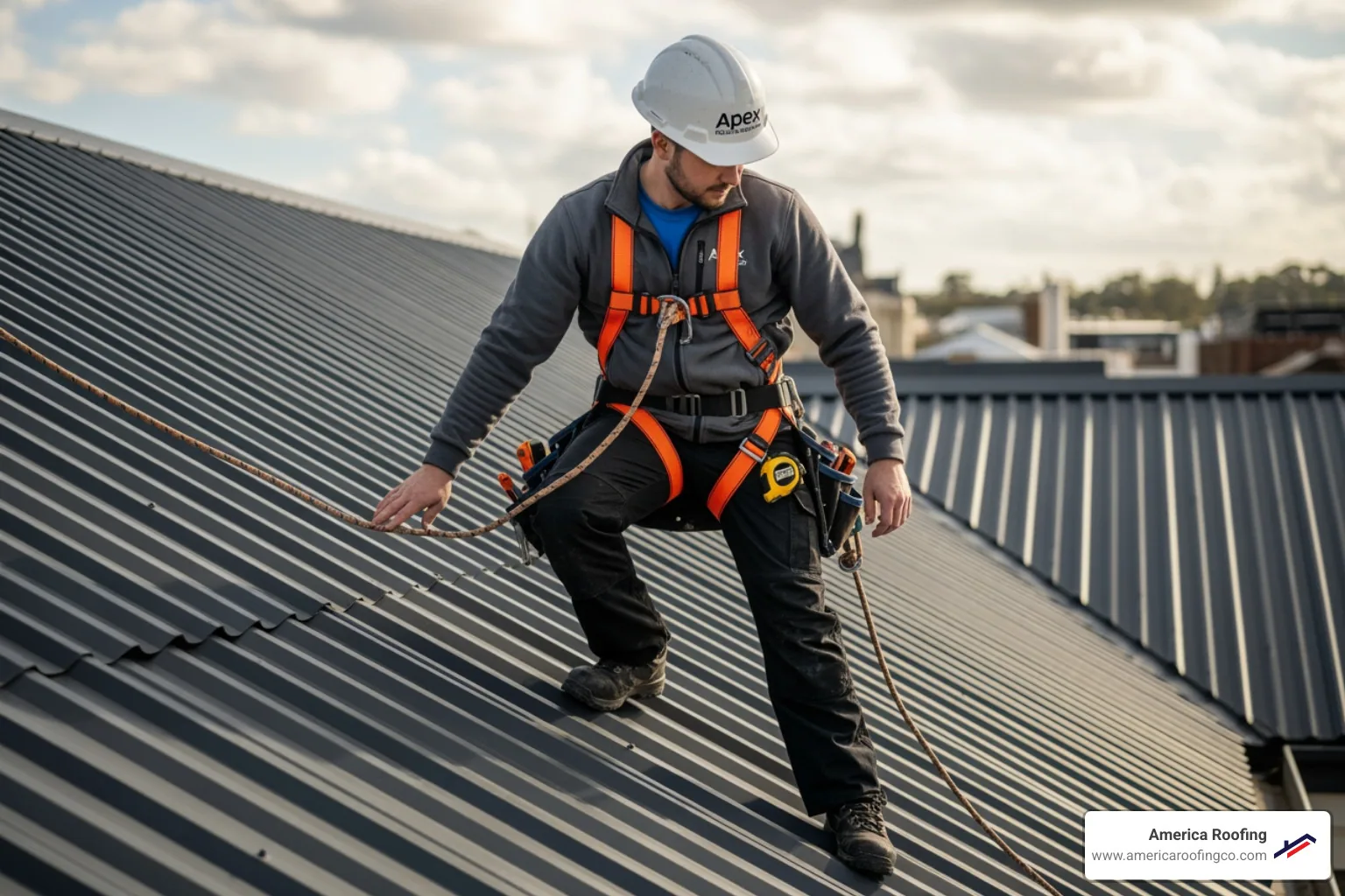 professional roofer inspecting a metal roof - iron sheet leakage solution