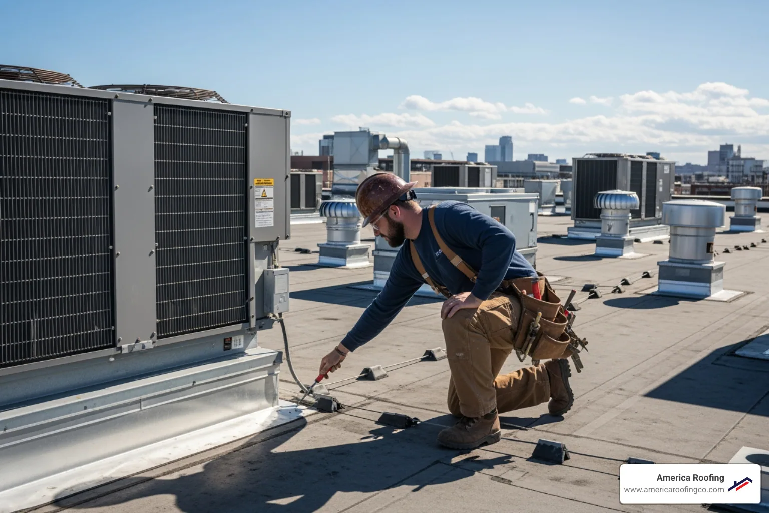Roofer performing a routine maintenance check on a commercial flat roof. - Commercial flat roof installation