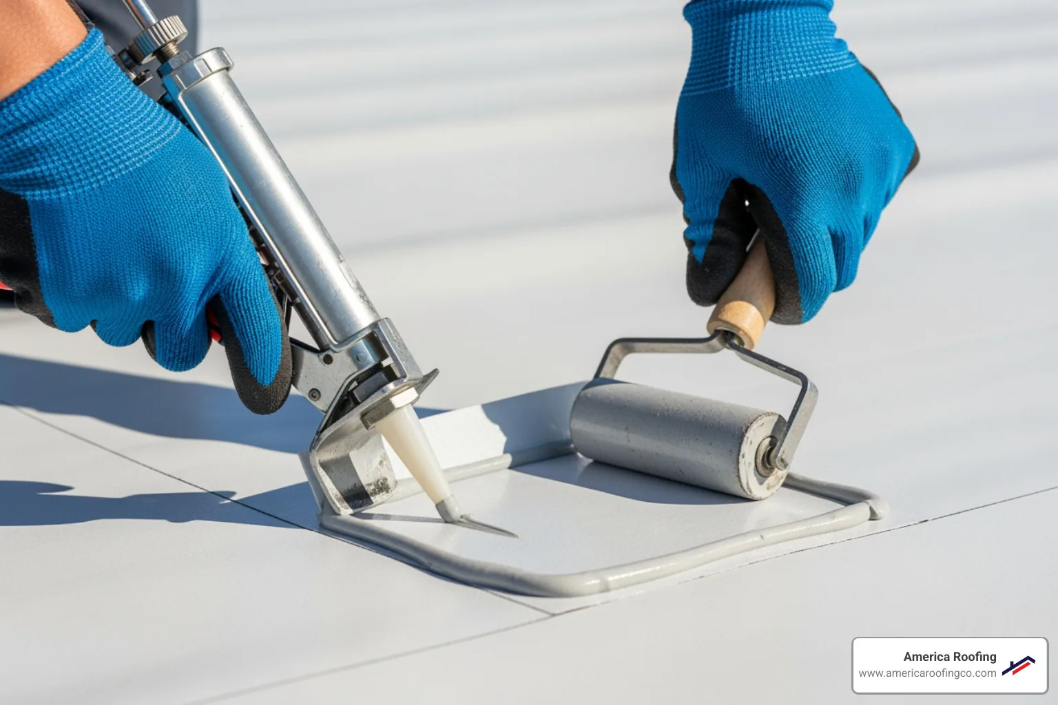 A roofer applying a patch to a TPO roof with specialized adhesive and tools, ensuring a seamless and watertight repair. - Commercial roof repair solutions