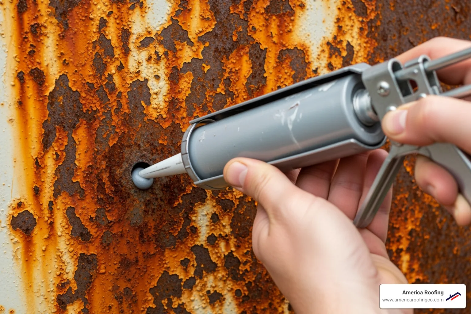 sealant gun applying caulk to a small hole on an iron sheet - iron sheet leakage solution