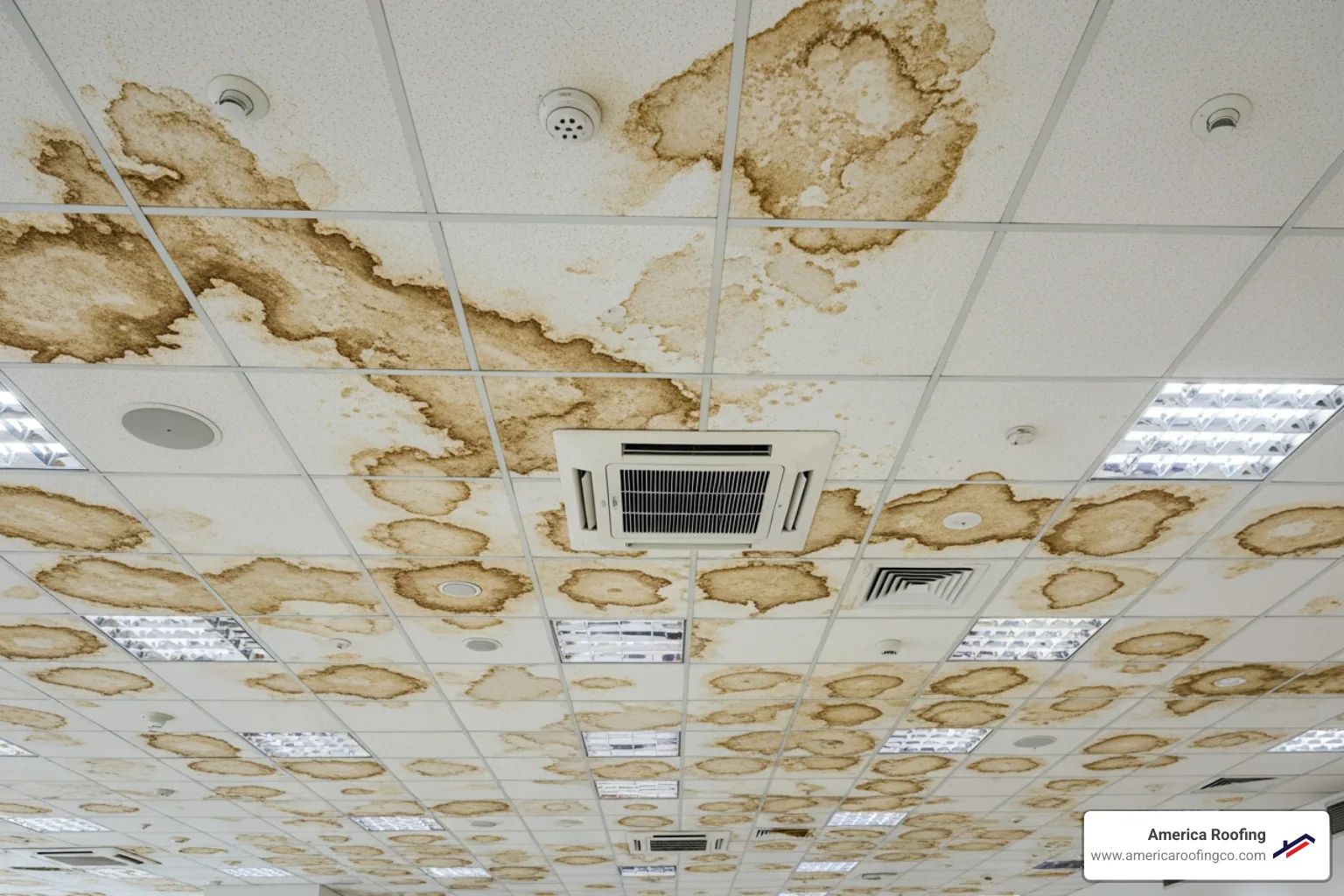 Water stains spreading across a commercial ceiling - Commercial roof damage repair