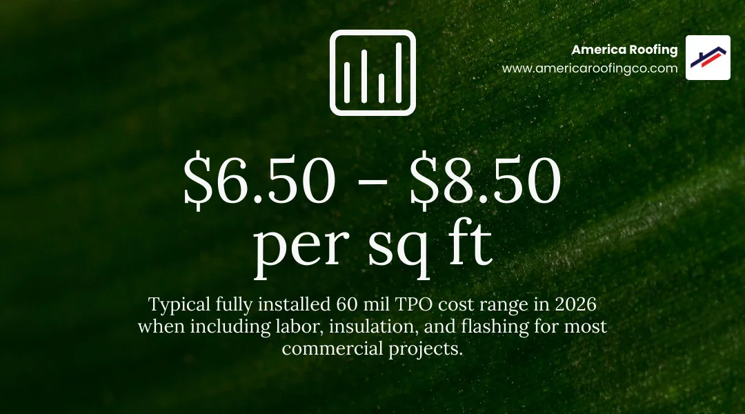60 mil TPO roofing cost breakdown infographic showing material cost, labor cost, installed cost per sq ft, and lifespan by