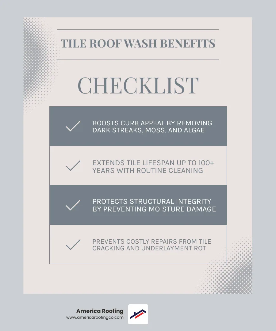 Benefits of tile roof wash: curb appeal, lifespan, structural protection, moss prevention infographic - Tile roof wash