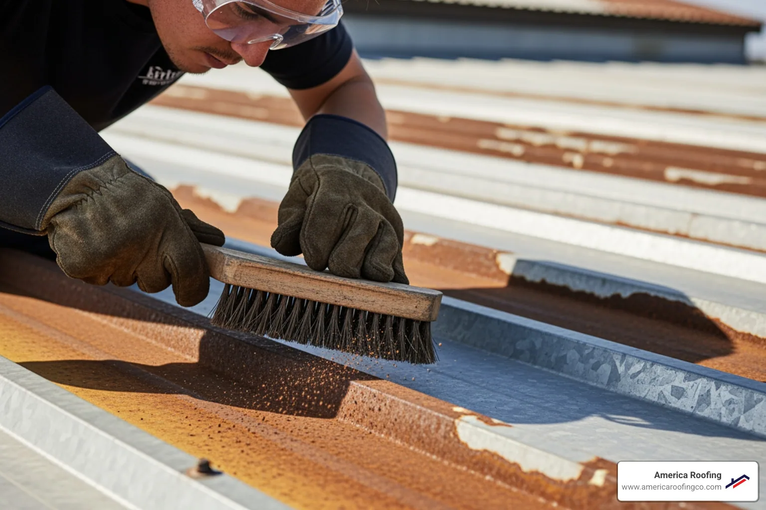 person wearing gloves and safety glasses cleaning a metal roof section with a wire brush - iron sheet leakage solution
