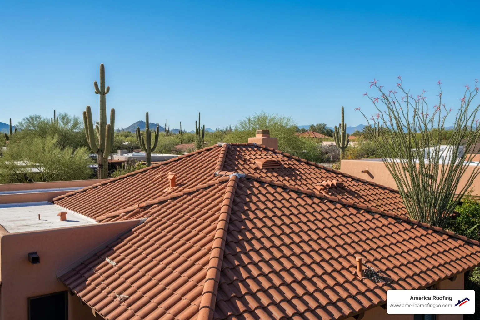 A classic residential home in Arizona with a steep pitched roof against a clear blue sky - pitched roof