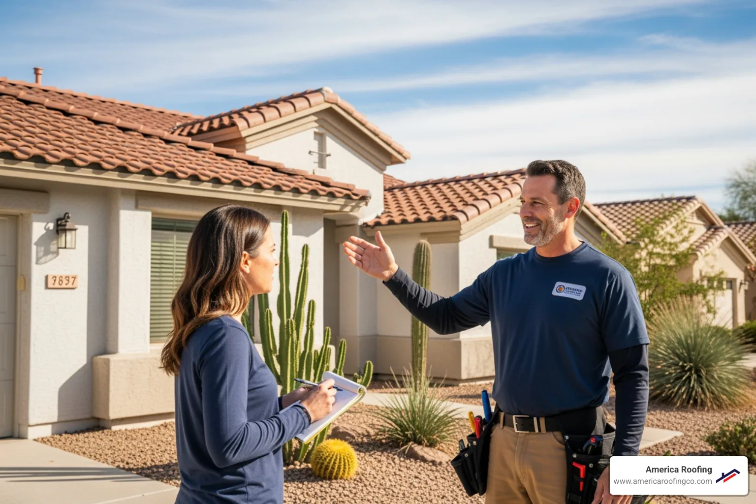 friendly roofing expert talking with a homeowner in front of their house - roof replacement phoenix