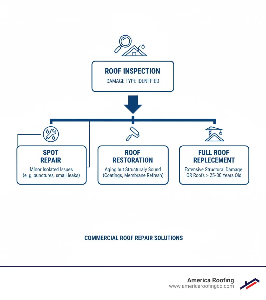 Infographic showing commercial roof repair decision tree: inspection identifies damage type, then branches to spot repair for minor isolated issues, restoration with coatings for aging but structurally sound roofs, or full replacement for extensive structural damage or roofs over 25-30 years old - Commercial roof repair solutions infographic