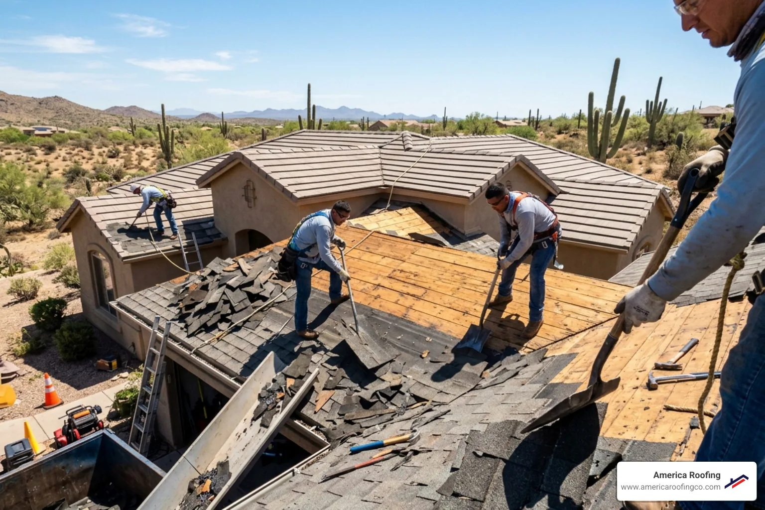 professional roofing crew performing a full tear-off of old shingles in Arizona - shingle installation cost