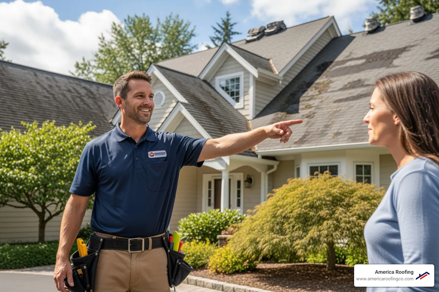 A friendly roofing contractor discusses a project with a homeowner in front of their house, pointing to the roof. - foam roofing contractors arizona