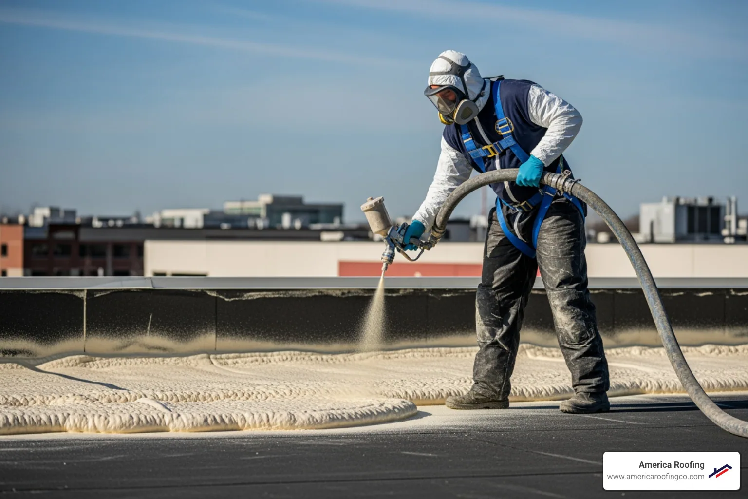 A professional roofer applies spray foam to a commercial flat roof with specialized equipment, ensuring even coverage and a seamless finish. - foam roofing contractors arizona