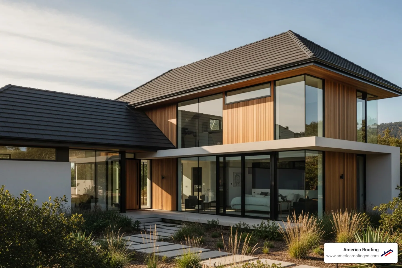sleek, modern home featuring a dark concrete tile roof - roofing tiles