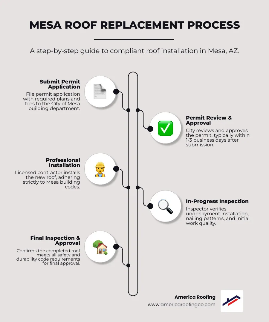 Infographic showing Mesa roof replacement process: Step 1 Submit permit application with plans and fees, Step 2 City reviews and approves permit within 1-3 days, Step 3 Licensed contractor installs roof following Mesa building codes, Step 4 Inspector verifies underlayment installation and nailing patterns, Step 5 Final inspection confirms completed roof meets all code requirements, Step 6 Certificate of completion issued - Mesa roof replacement infographic infographic-line-5-steps-elegant_beige