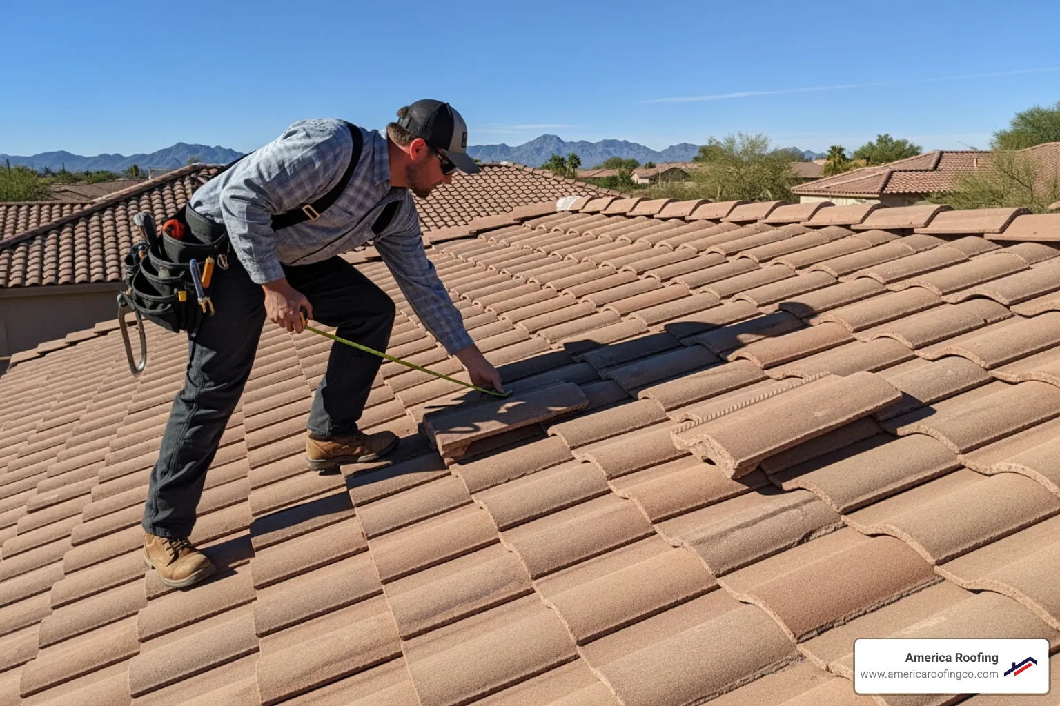 A professional roofer inspecting a concrete tile roof in Arizona - concrete tile roof