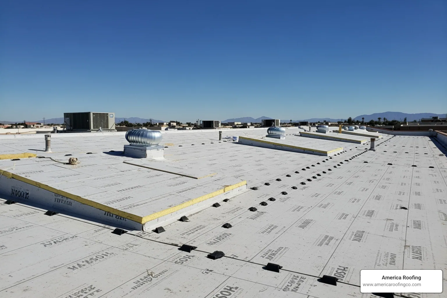 A clean, prepped commercial flat roof deck in Arizona, ready for TPO installation, with clear blue skies above - tpo roofing installation details