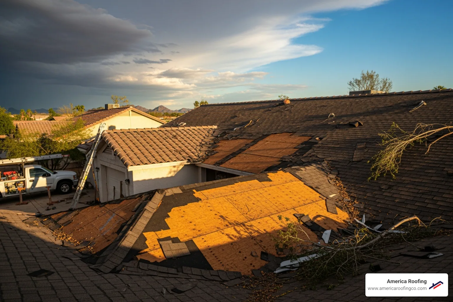 person safely on the ground using binoculars to inspect their roof - roof storm damage repair phoenix