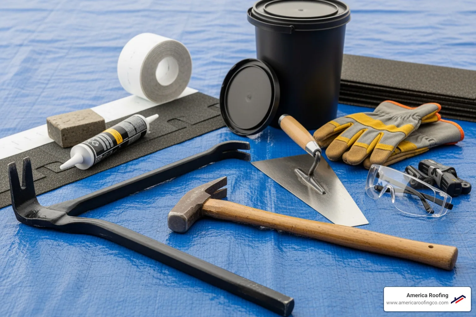 tools and materials laid out neatly on a tarp, including a pry bar, hammer, trowel, roofing cement, and safety gear - concrete tile roof repair