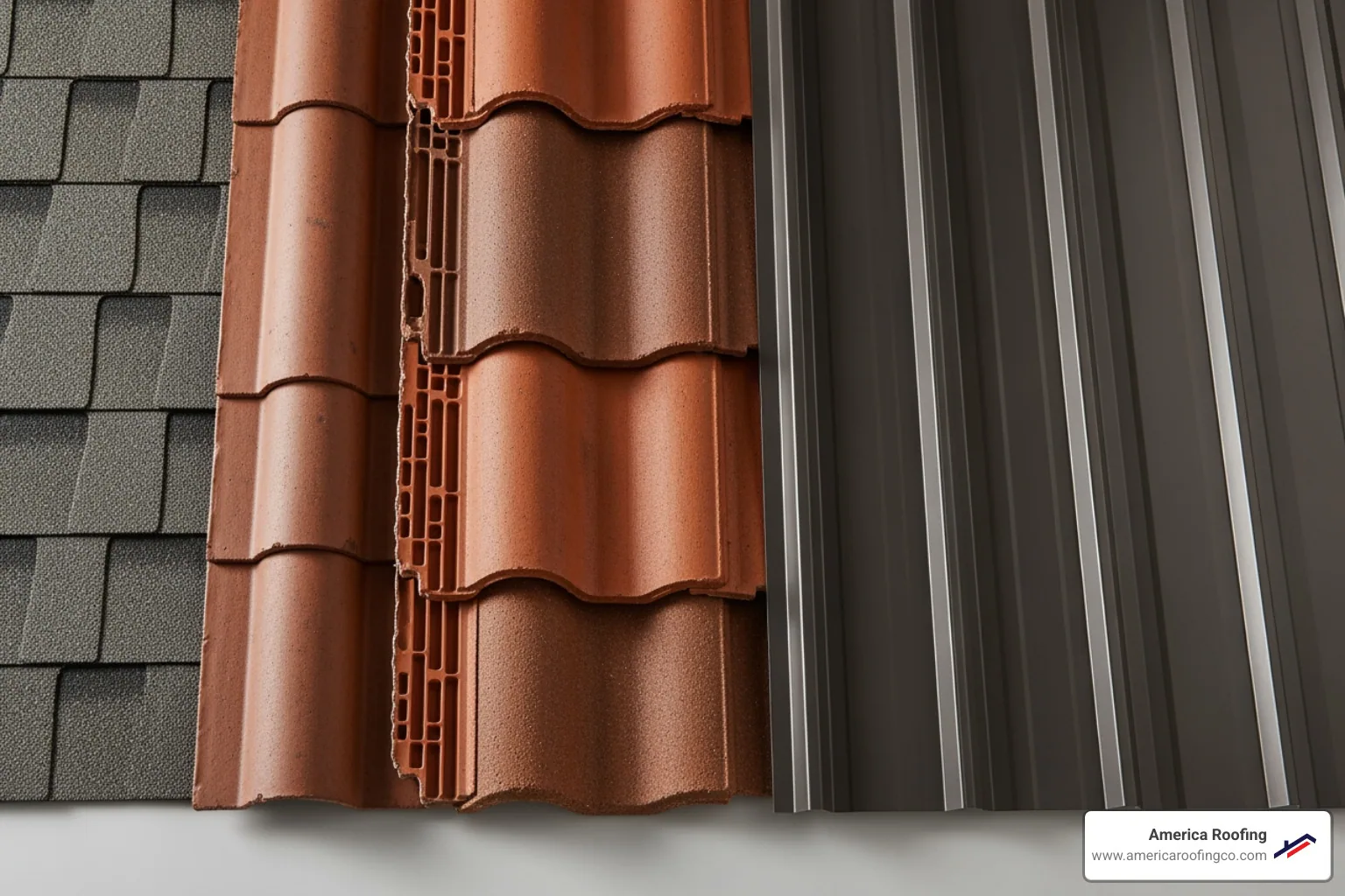 various roofing material samples (asphalt, tile, metal) - roof replacement
