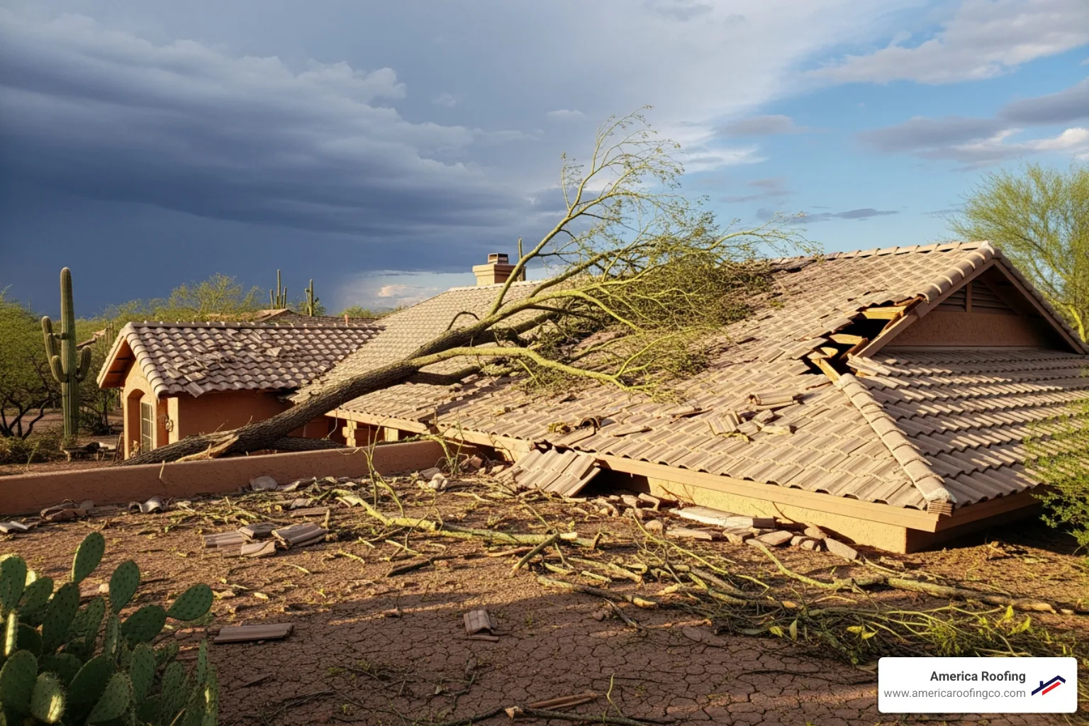 damaged roof with a fallen tree branch after a storm in Arizona - emergency roof repair phoenix