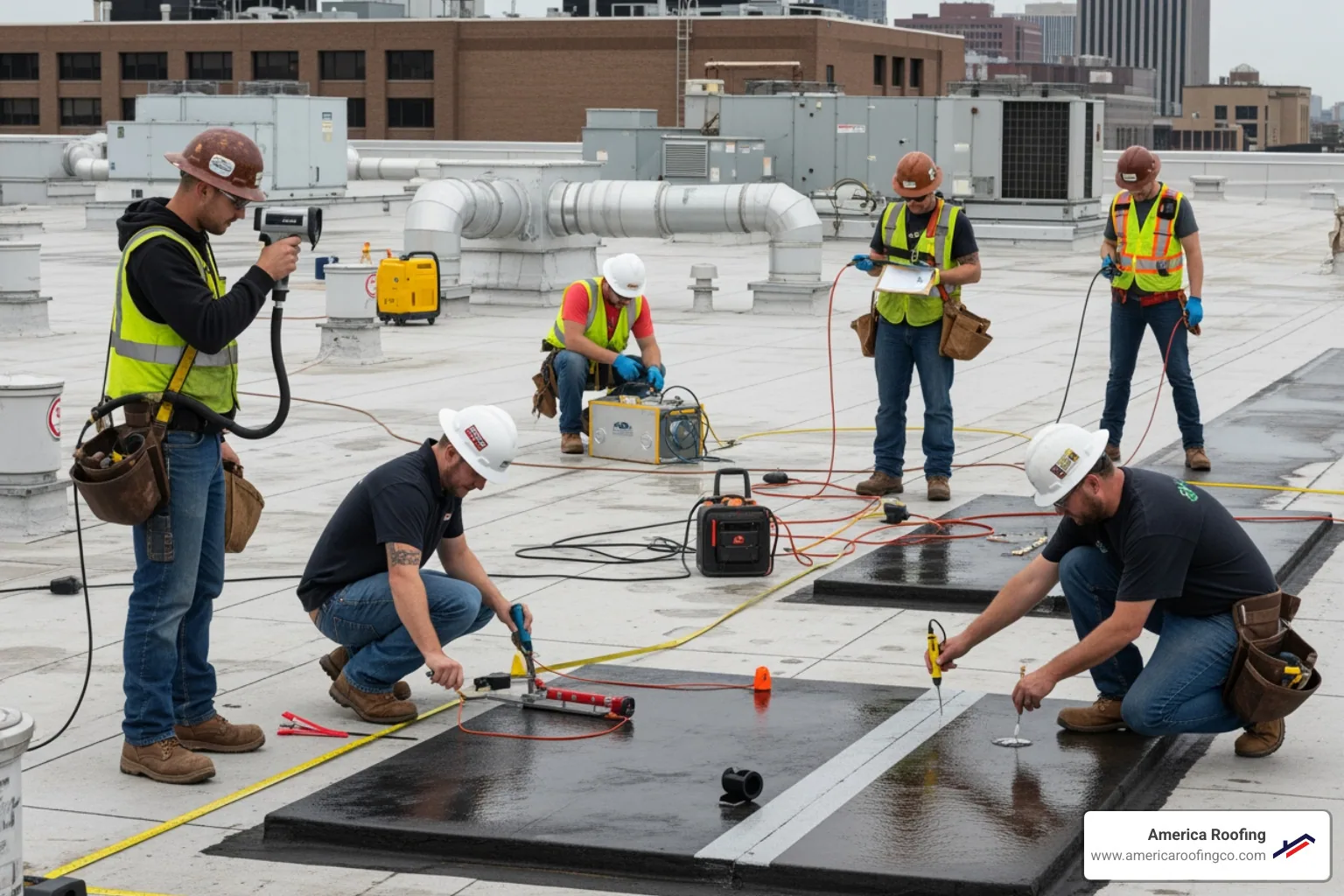 thermal imaging camera detecting roof moisture - Commercial roof leak detection