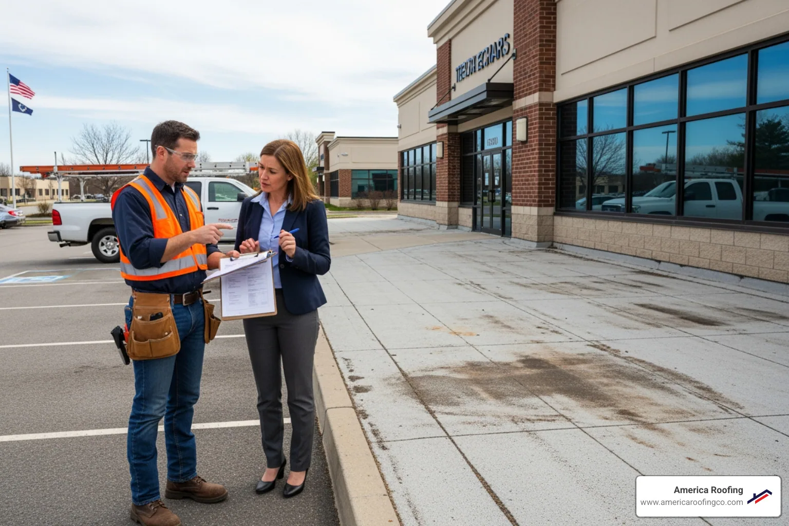 contractor discussing estimate with business owner - Roof repair estimates