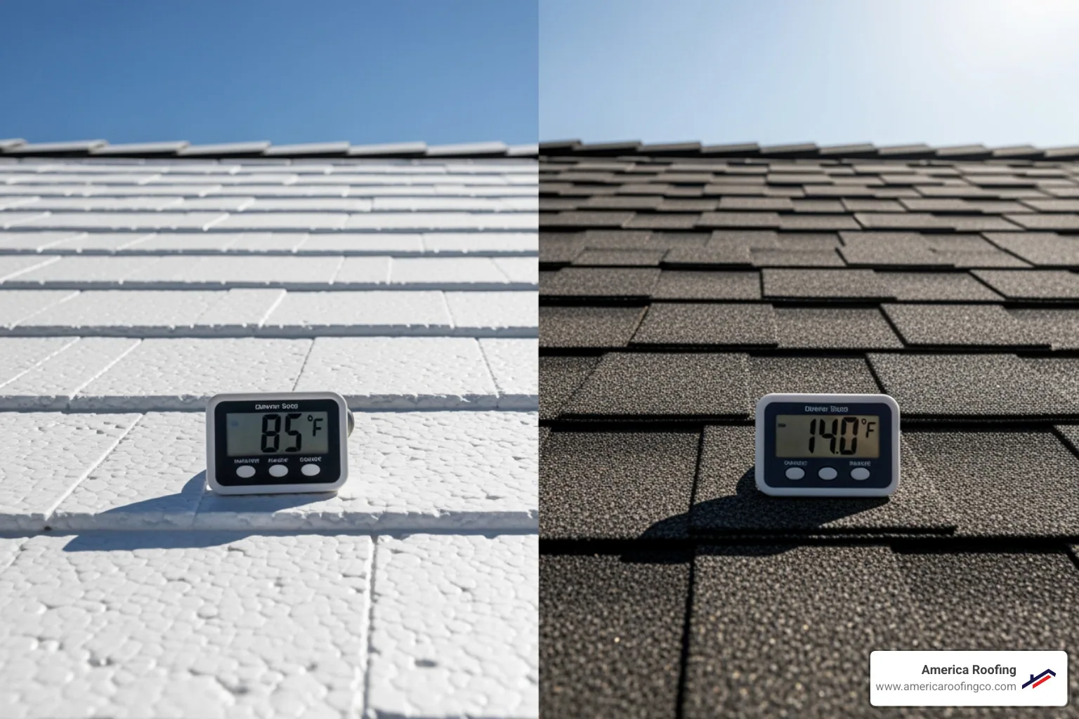 A thermometer showing a cooler temperature on a foam roof compared to a traditional roof, illustrating energy efficiency - foam roofs in arizona