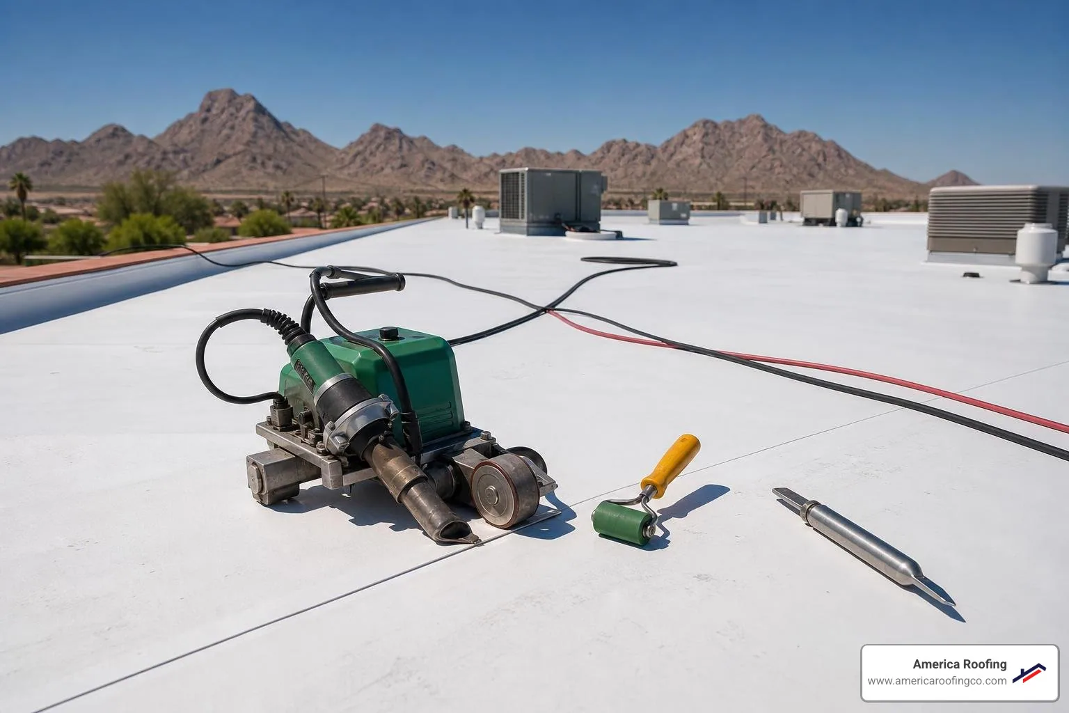 Commercial roofers heat-welding TPO seams on an Arizona flat roof
