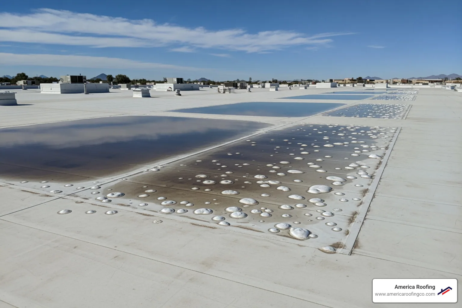 A large, clean commercial roof in Arizona under a clear blue sky, showing some areas of ponding water and visible blistering on the membrane. - Commercial roof repair solutions