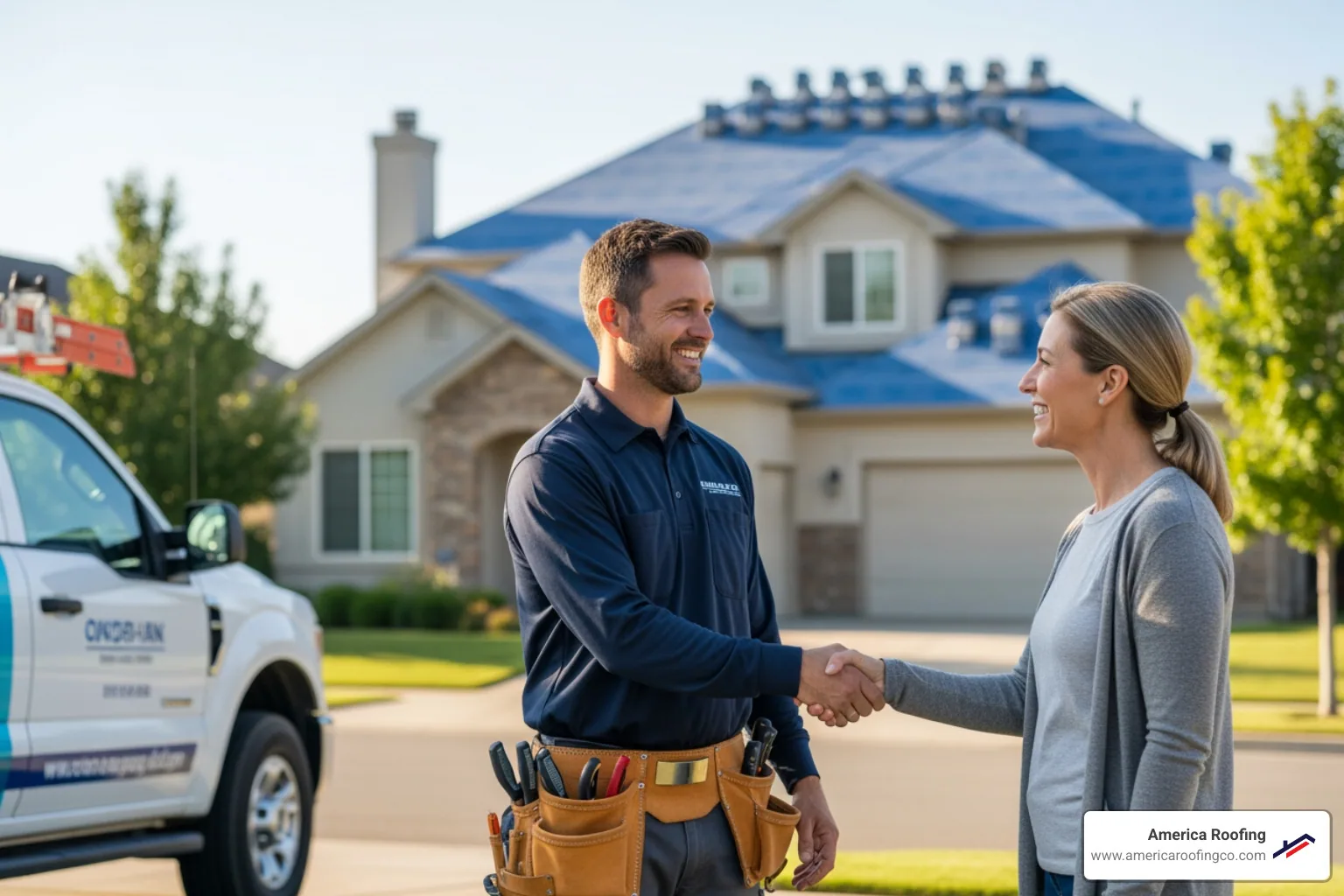 a friendly contractor shaking hands with a homeowner - roof replacement