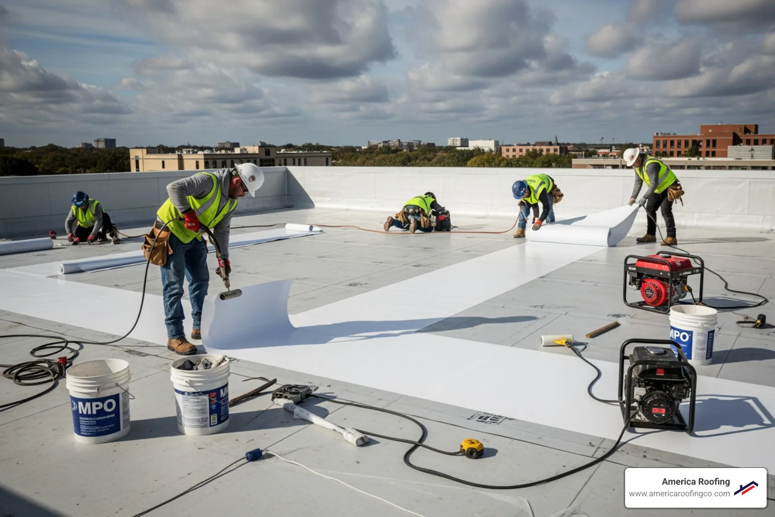 Roofing crew professionally installing a large white TPO membrane on a commercial building. - Commercial flat roof installation