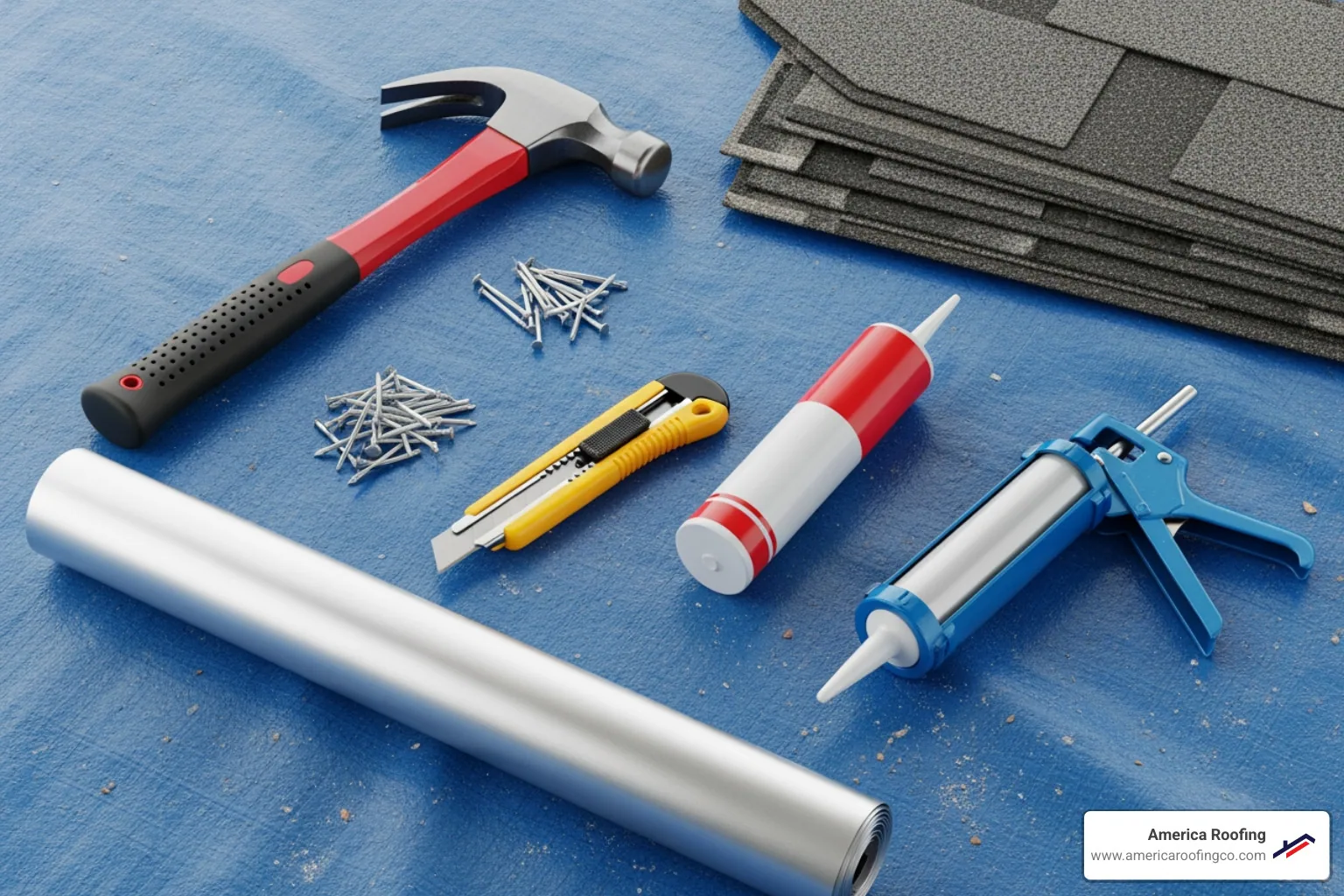 essential roof repair tools and materials laid out neatly on a tarp - minor roof leak repair