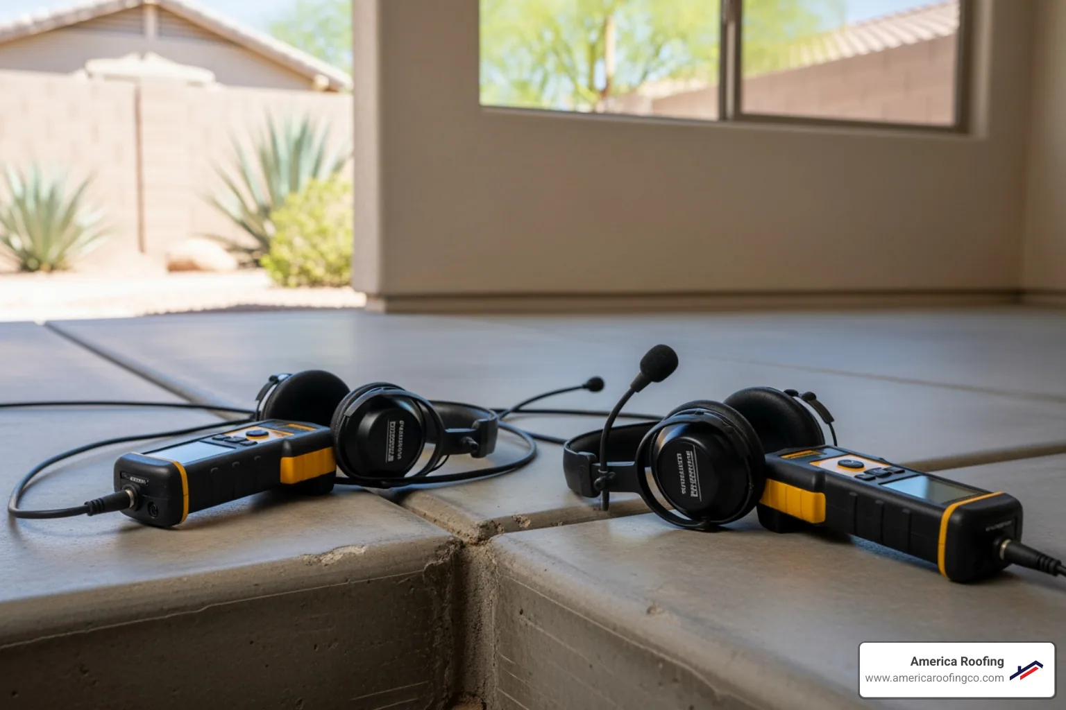 technician using acoustic listening devices to find a leak under a concrete slab - Leak detection Arizona