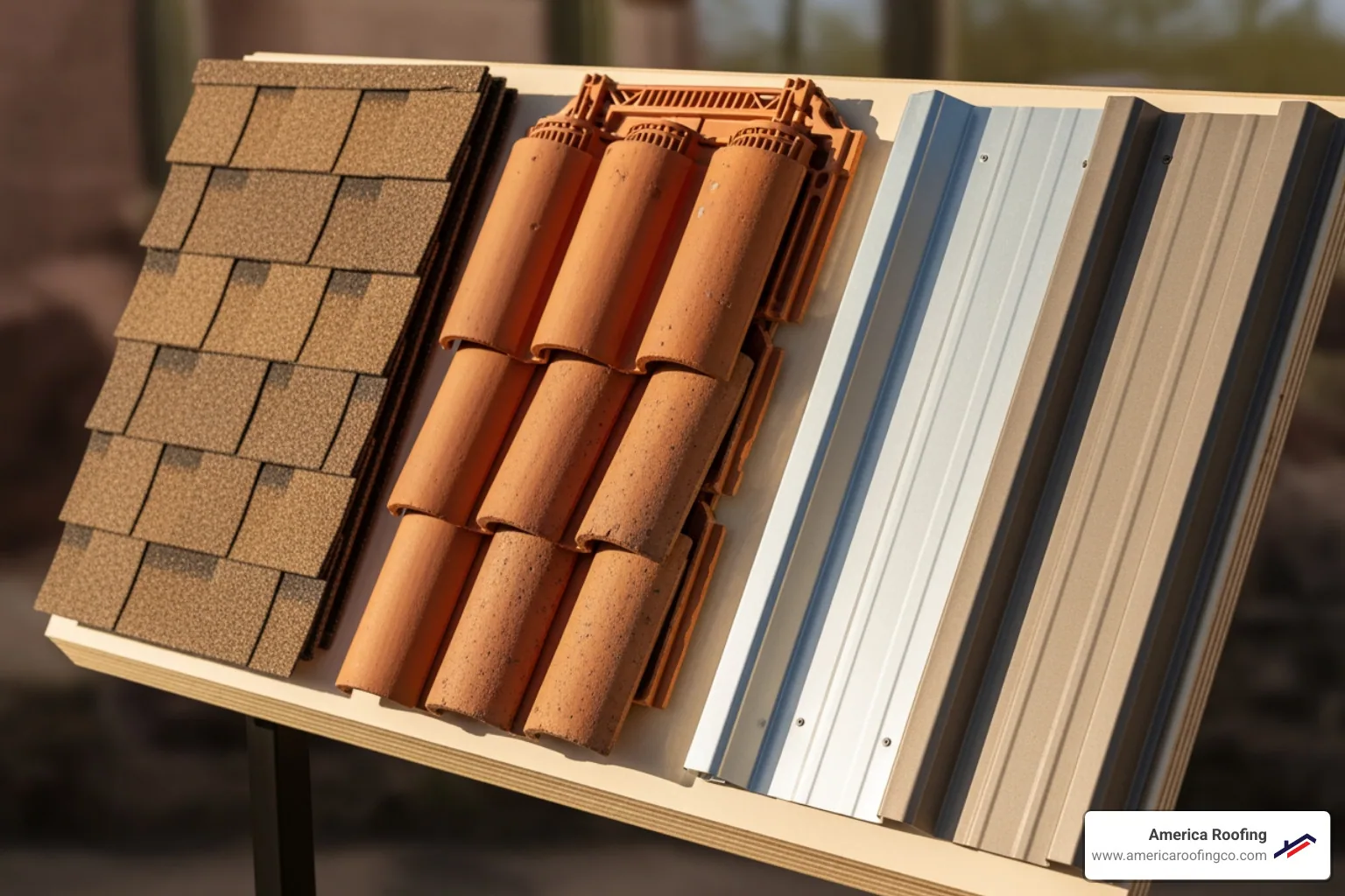 roofing material samples like tile, shingle, and metal - roof replacement phoenix