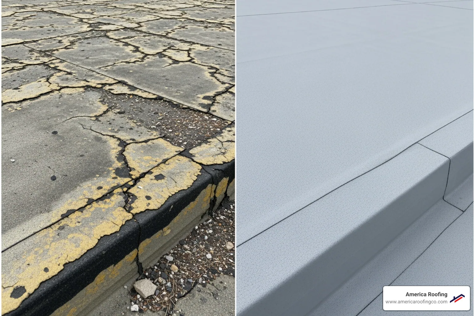 side-by-side of a damaged foam roof section and a properly repaired section - commercial foam roof repair