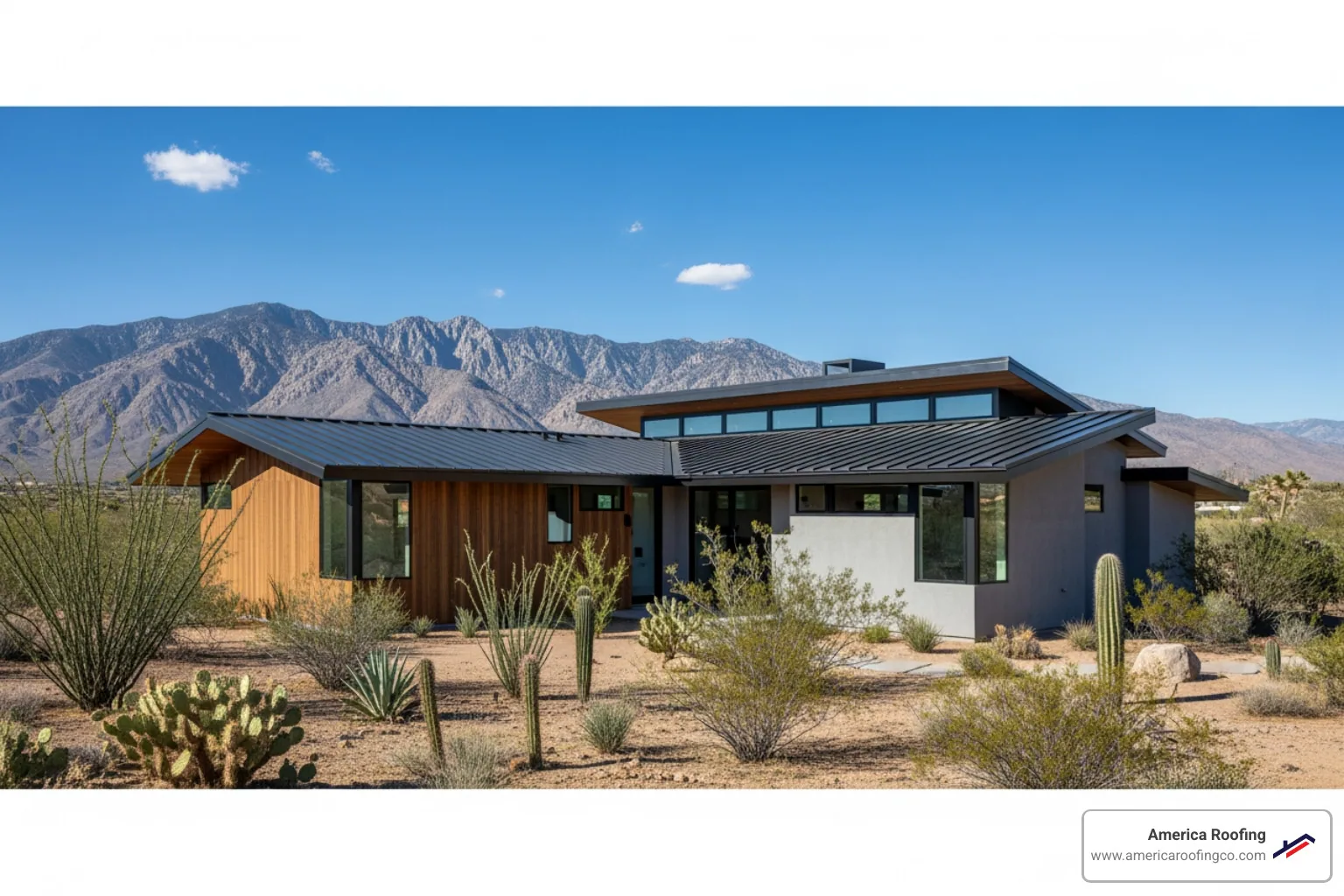 A modern home with a blend of desert landscaping and a stylish, dark-colored steel roof, showcasing the material's aesthetic appeal in an Arizona setting. - steel roofers near me