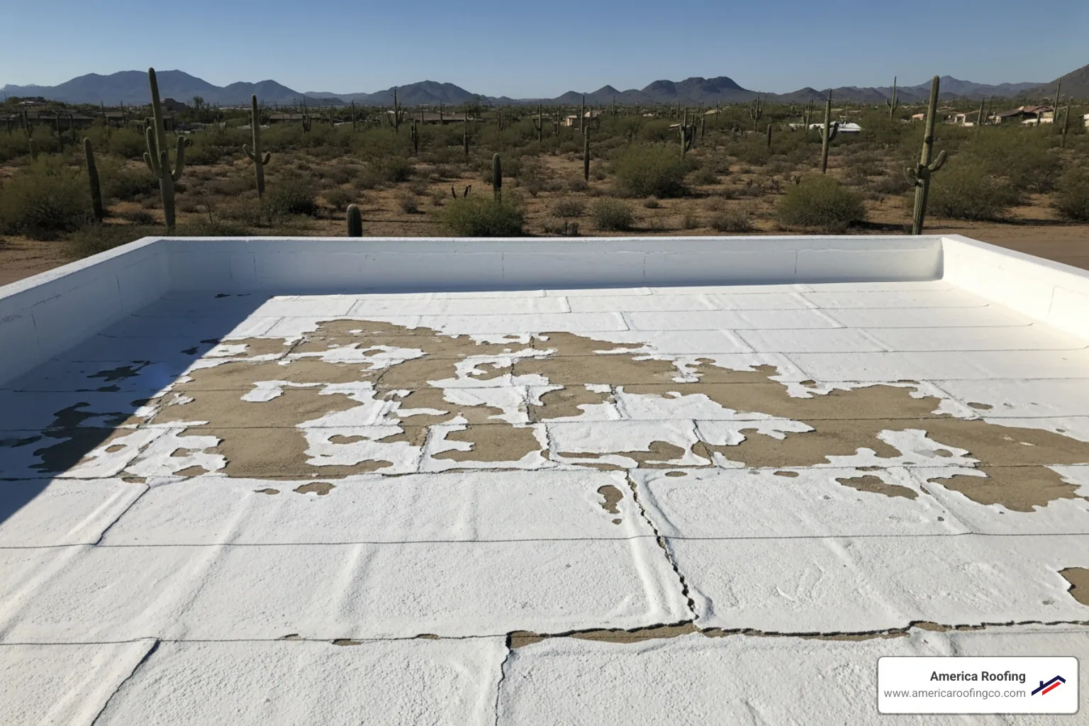 sun-baked flat foam roof with visible cracks and peeling coating in Arizona - flat foam roof repair in arizona