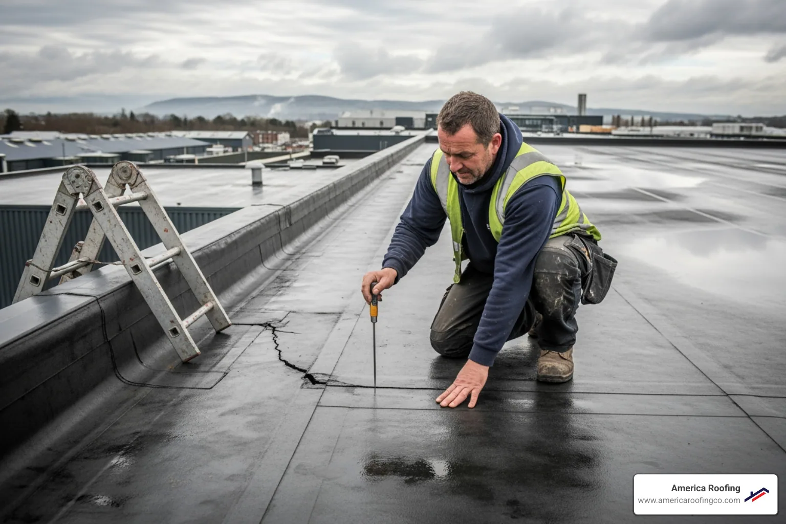 roofer examining damaged commercial flat roof - Roof repair estimates