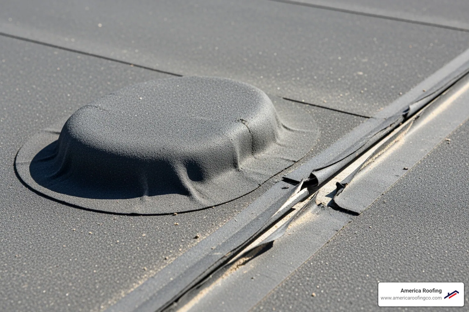 Close-up image of a commercial EPDM roof showing a blister and a separated seam - EPDM roof repair Phoenix