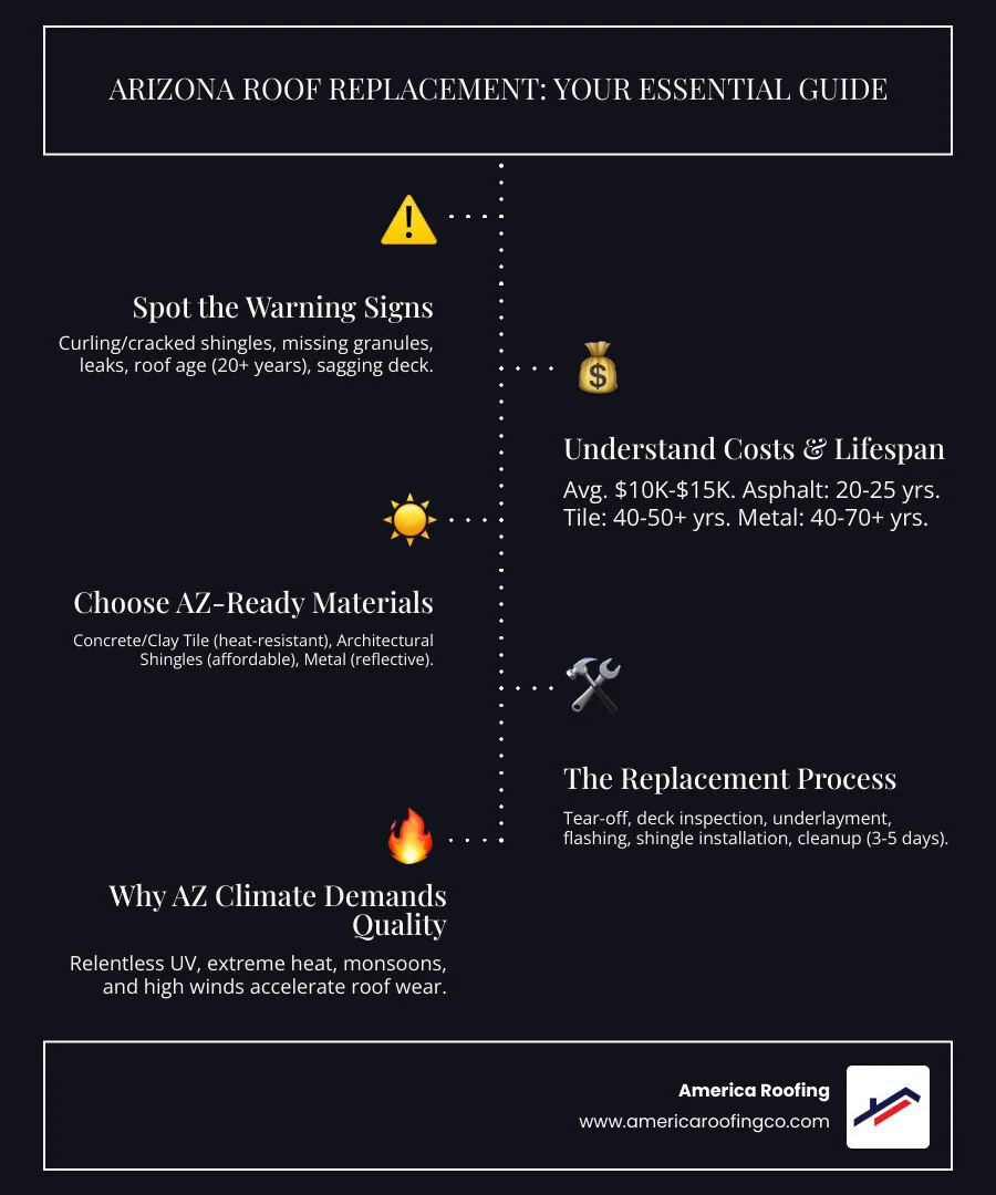Infographic showing the complete roof replacement process in Arizona: warning signs (curling shingles, missing granules, leaks, age 20+ years), average costs ($10k-$15k), material comparison (asphalt shingles 20-25 years, tile 40-50+ years, metal 40-70+ years), and the step-by-step process (tear-off, deck inspection, underlayment, flashing, installation, cleanup) with timeline of 3-5 days - Roof replacement infographic infographic-line-5-steps-dark