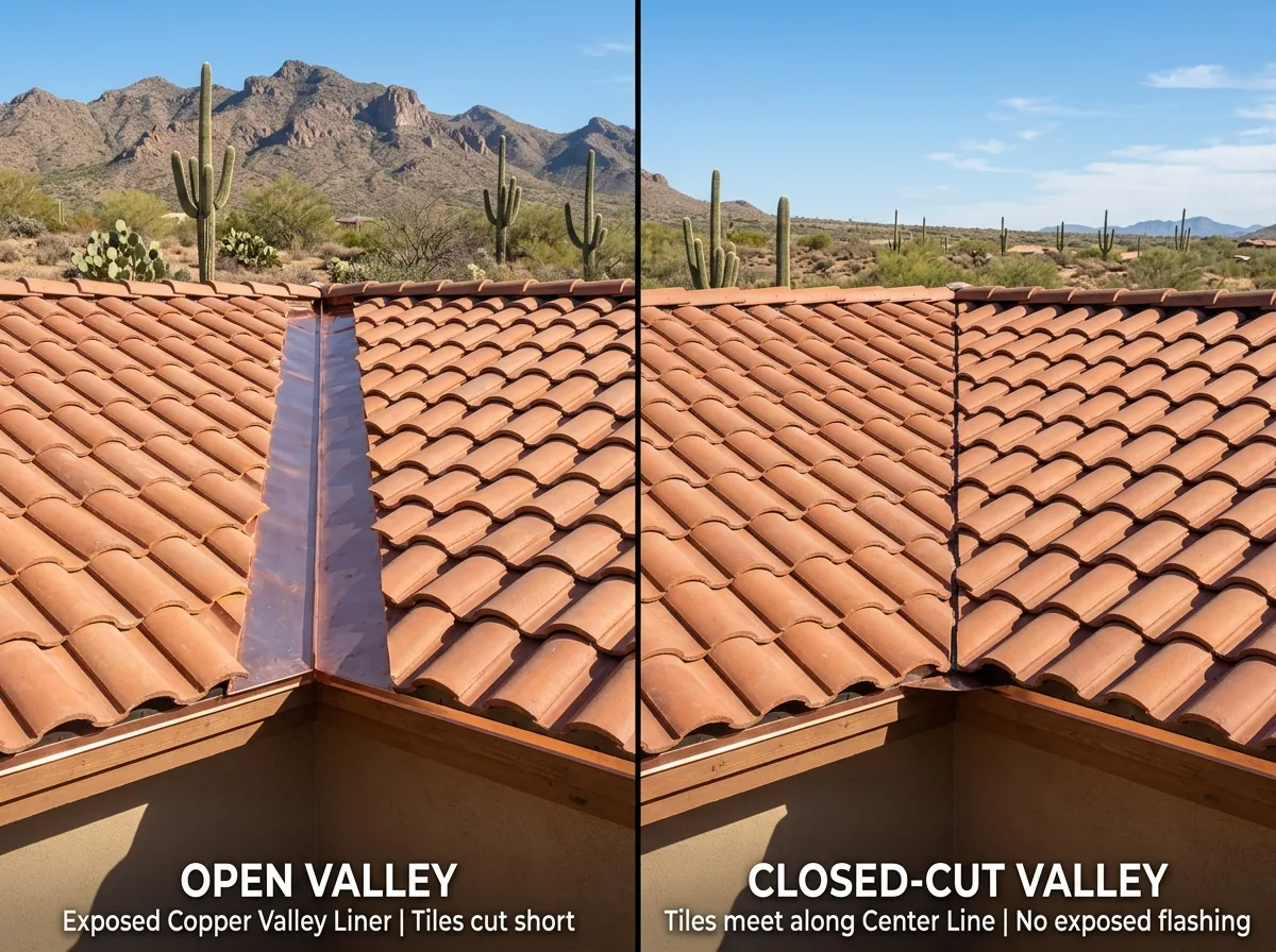 Comparison of open vs closed roof valley styles in an Arizona climate - pitched roof valley