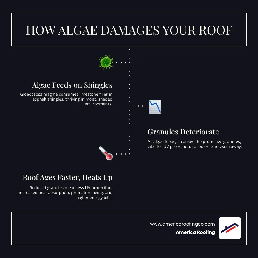 infographic showing how algae eats limestone filler in shingles - roof cleaning infographic infographic-line-3-steps-dark