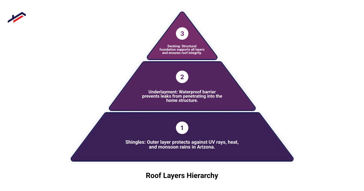 infographic showing roof layers including decking, underlayment, and surface materials with Arizona heat considerations - roof repair service infographic 3_stage_pyramid