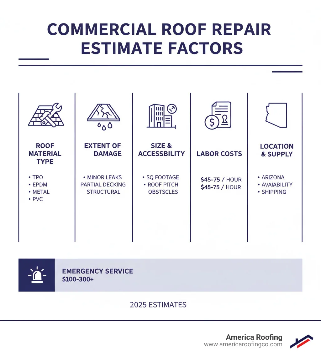 Infographic showing key factors influencing commercial roof repair estimates: roof material type (TPO, EPDM, metal, PVC), extent of damage (minor leaks to major structural), roof size and accessibility, labor costs ranging $45-75 per hour, permit fees $75-250, location within Arizona affecting material availability and costs, and emergency service fees $100-300+ - Roof repair estimates infographic